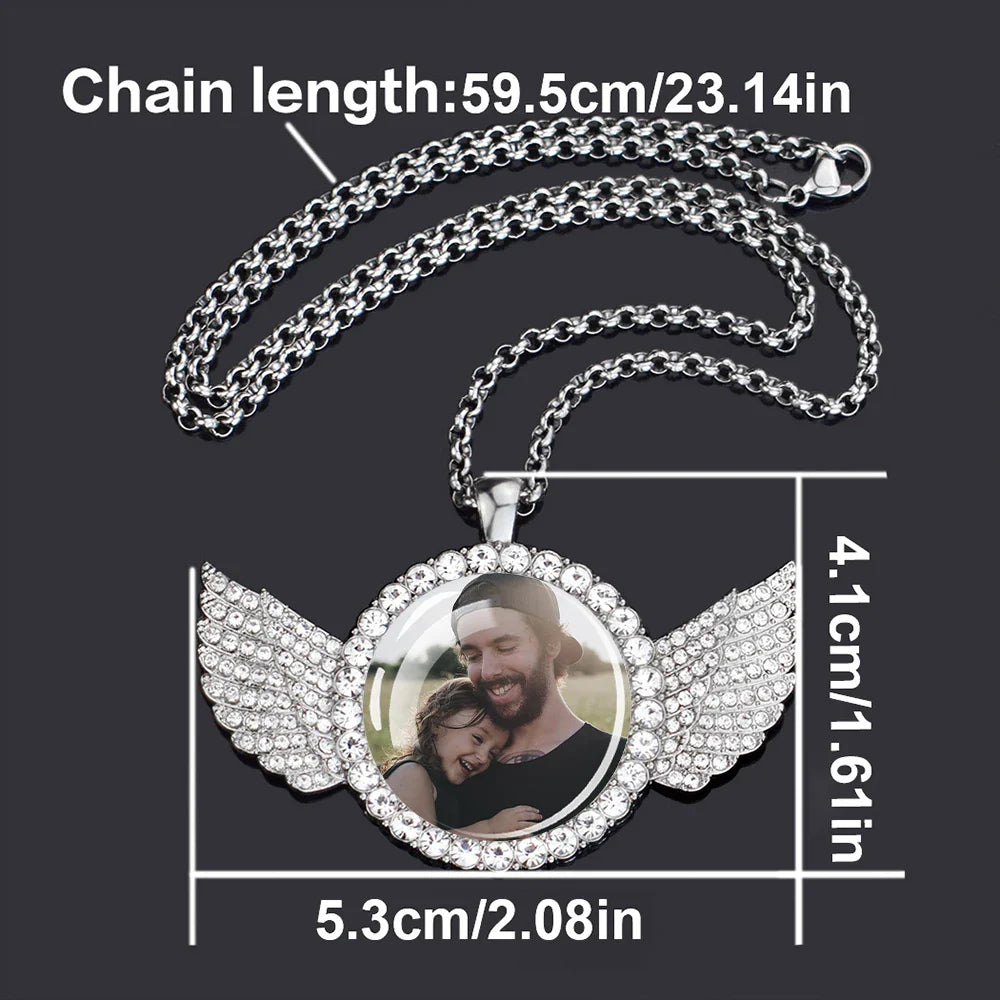 Custom Necklace Personalized Photo Picture Angel Wings Rhinestone Pendant Chains Necklaces Creative Fashion Hip Hop Jewelry Gift Lootquake LLC