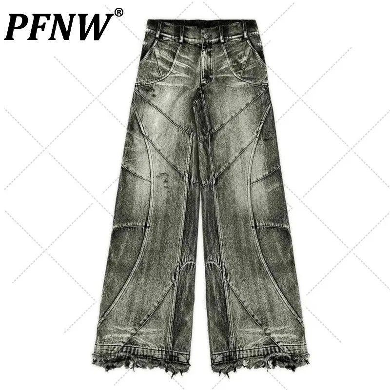 PFNW Spliced Design Washed Denim Jeans Men's Streetwear Fashion Straight Leg Denim Pants Hip Hop Trendy Trousers Spring 28W4634 Lootquake LLC