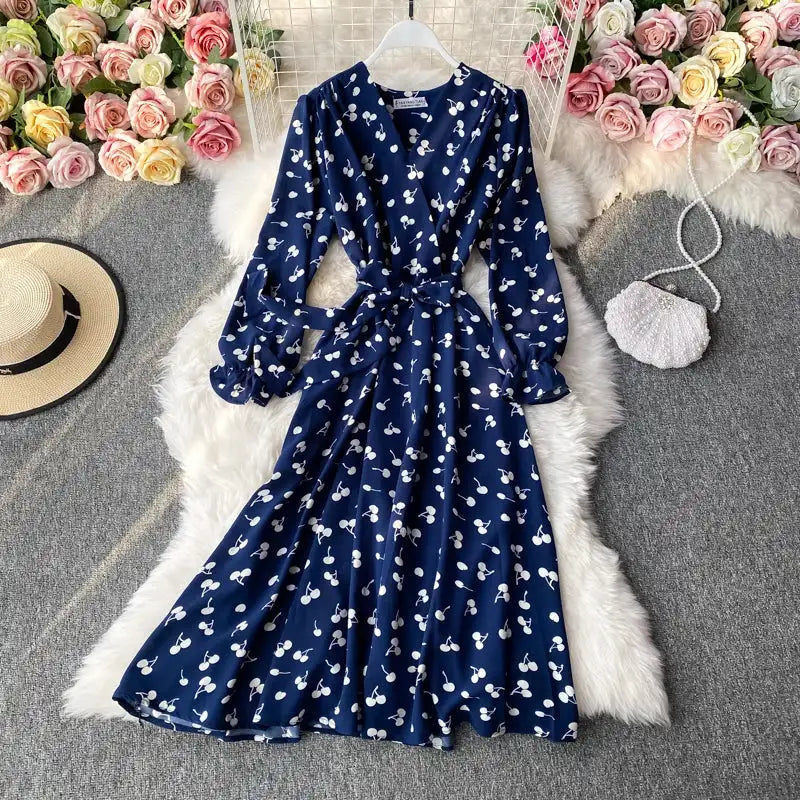 YuooMuoo Korean Fashion Cherry Print Women Dress 2025 New Spring Vintage Bandage Slim Waist Long Dress Elegant Party Vestidos