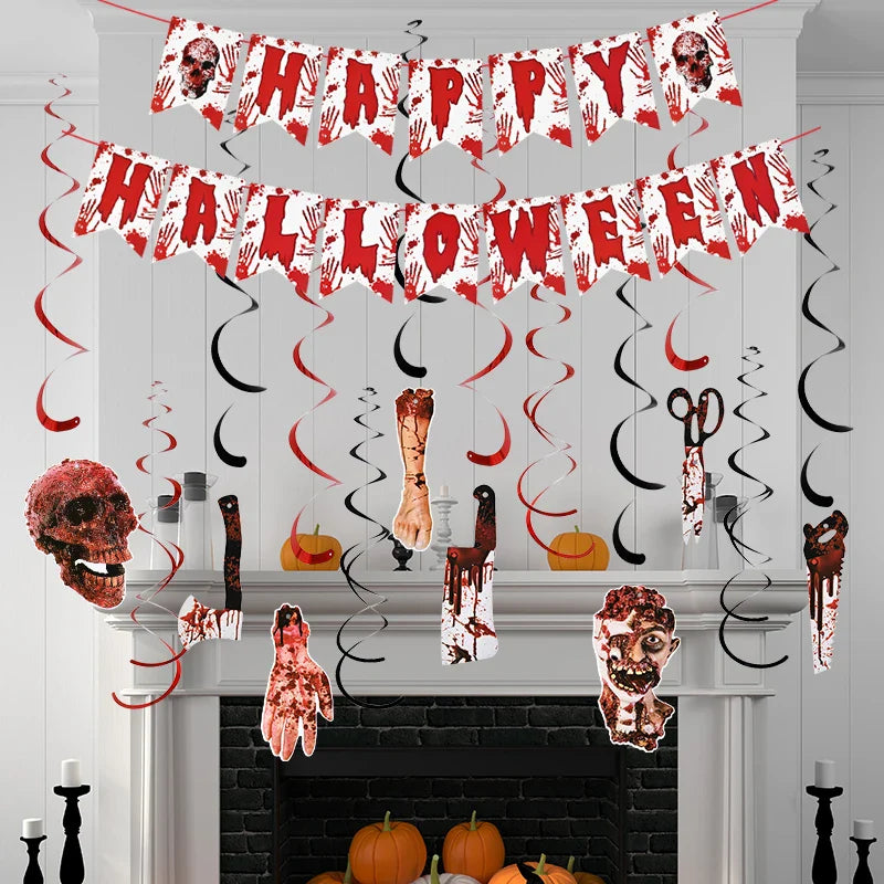 Halloween Blood Banner Paper Garland Scary Eyeball Skull Spiral Hanging Flag Halloween Party Decoration Home Haunted House Decor Lootquake LLC