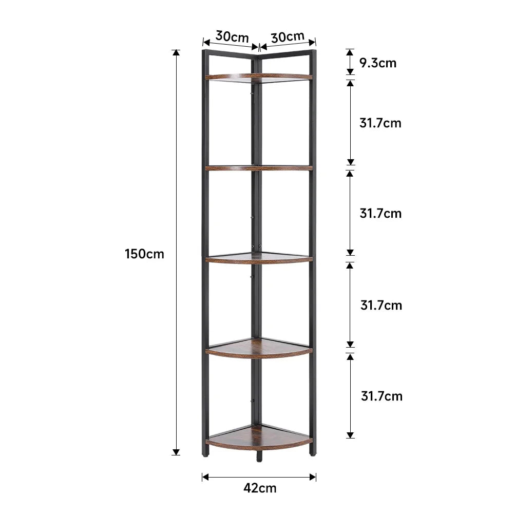 Brown 5 Tier Corner Book Shelf Home Storage Display For Bedroom Office 30cm W x 30cm D x 150cm H Lootquake LLC