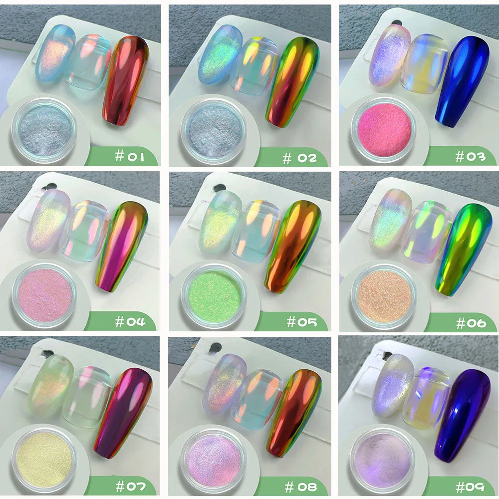 9Jar/Set Aurora Moonlight Mirror Nail Powder 9 Colors Pearl Mermaid Unicorn Nail Chrome  UV Gel Polish  Pigment DIY Nail Decor Lootquake LLC