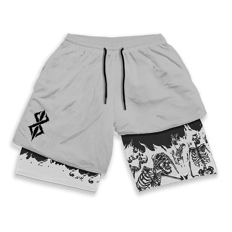 Berserk Skull Print 2 in 1 Running Workout Shorts
