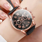 5PCS Women's Watches Fashion Roma Dial Leather Band Quartz Watch Ladies Silicone Band Wristwatch Reloj Mujer（Without Box）