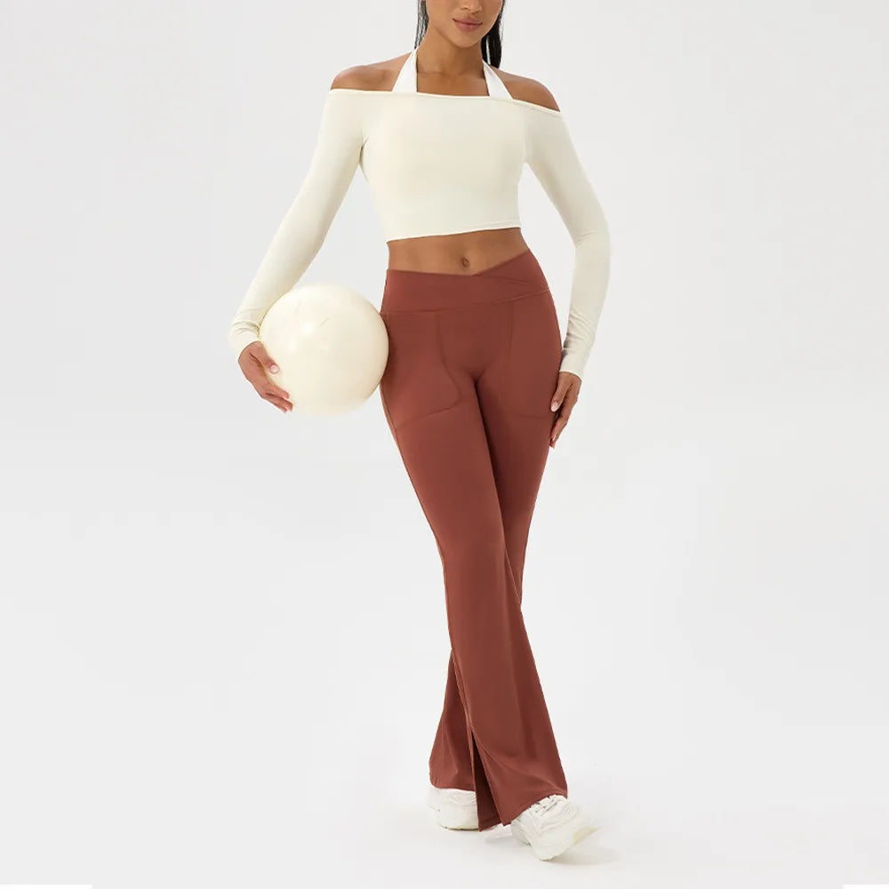 Off Shoulder Long Sleeve Yoga Top THRIXINE