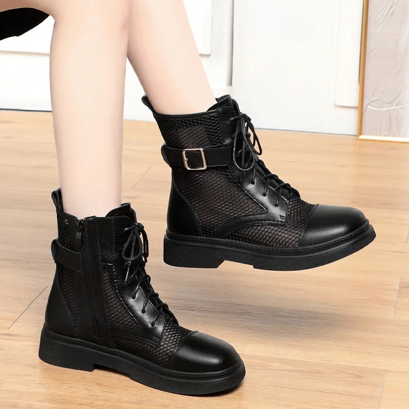 Spring Fashion Women Summer Mesh Lace-up Short Ankle Boots Versatile Casual Breathable Hollow Boots Platform Thin Shoes Grace Lootquake LLC