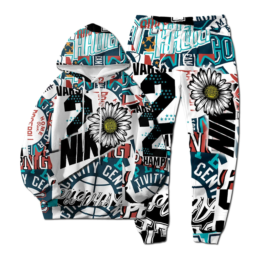 European Style New NK Letter Hip-hop 3D Digital Printing Fashion Casual Sports Youth Men and Women Hoodie Long Pants 2-Piece Set Pi-Mart