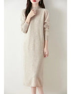 Autumn Winter Women's Wool Long Dress Cashmere Mock Neck Pullover Sweater 100% Merino Wool Soft Knitwear OL Simple Basic Dress Lootquake LLC