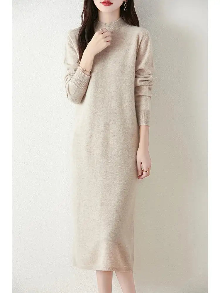 Autumn Winter Women's Wool Long Dress Cashmere Mock Neck Pullover Sweater 100% Merino Wool Soft Knitwear OL Simple Basic Dress Lootquake LLC