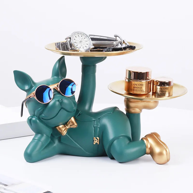 Resin Bulldog Desktop Storage Statue Animal Sculpture Dining Table Decor Multi Functional Office Home Decoration Tray Decor Pi-Mart