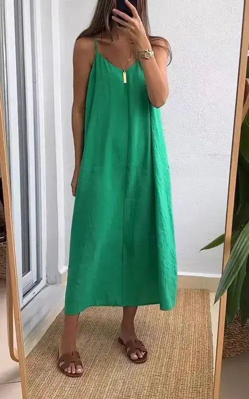 Summer Loose Spaghetti Strap Dresses Women Solid Color V-neck Casual Commuting Sleeveless Long Dress Female Fashion New Vestidos