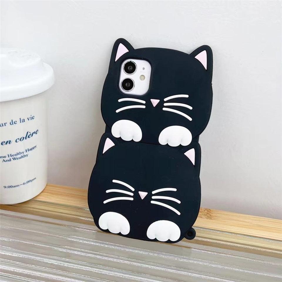 3D Cartoon Cute Cat Ear Phone Case For Iphone 12 13 11 Pro Max X Xr Xs Max 7 8 6 6s Plus Se 2020 Lucky Cat Cartoon Silicone Cat Phone Case Stevvex