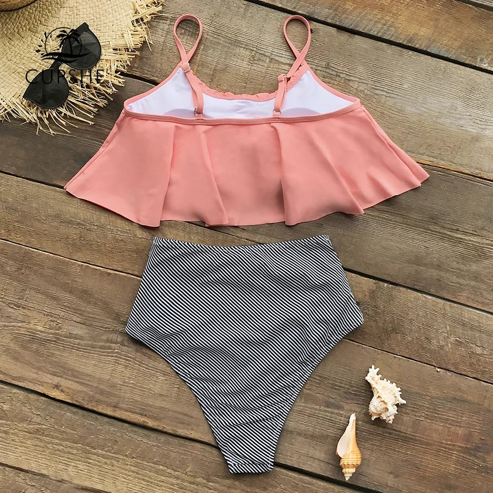 Pink Stripe High Waisted Bikini Set THRIXINE