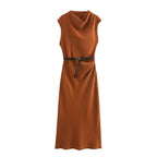 TRAFZA Women's Autumn New Fashion Versatile Belted Midi Slim Long Dress Female Elegant High Street Sleeveless Casual Dress Mujer