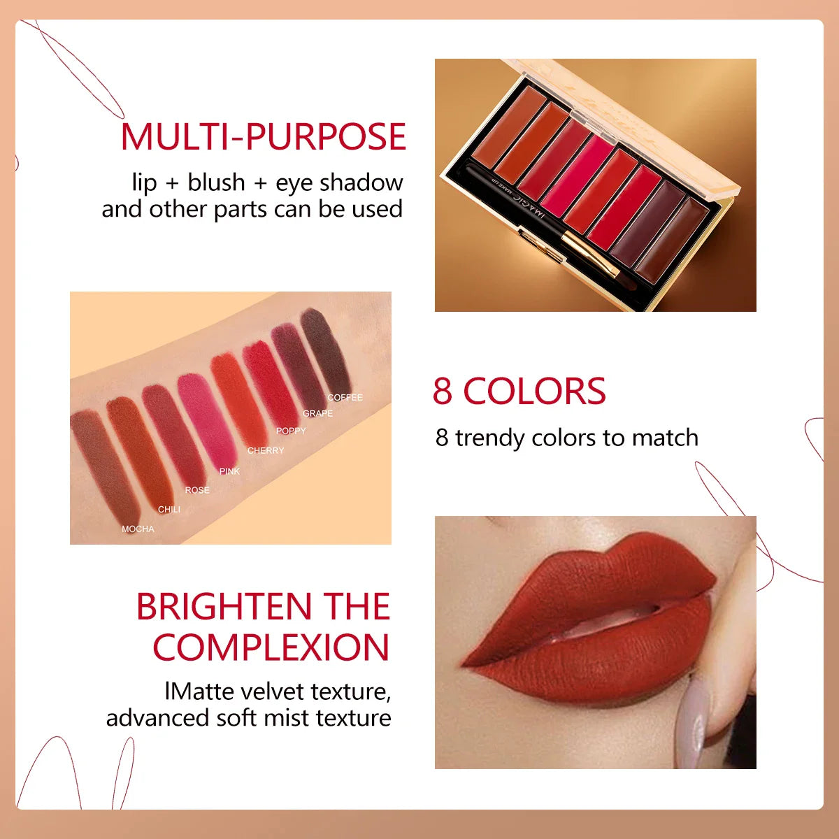 IMAGIC 8-Color Lipstick Palette Set Moisturizer Matte DIY Lipsticks Velvet Long Lasting Waterproof Lipgloss Pigments Lips Makeup Lootquake LLC
