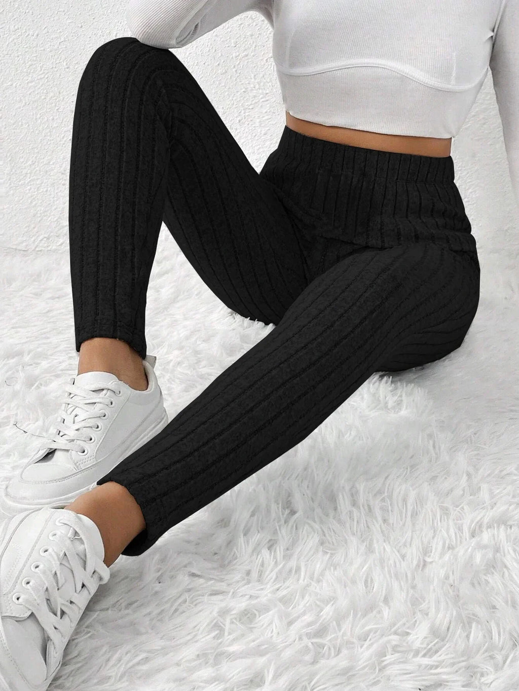 Ribbed Knit Mid-Calf Leggings for Women THRIXINE