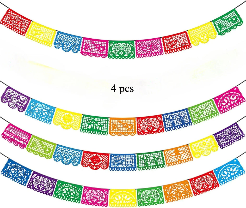 4 PCS Mexican Party Banners,  Plastic Papel Picado Mexico Decor, Easter Decor, ,  Day of The Dead Decoration, 18 Feet Total  ﻿ Lootquake LLC