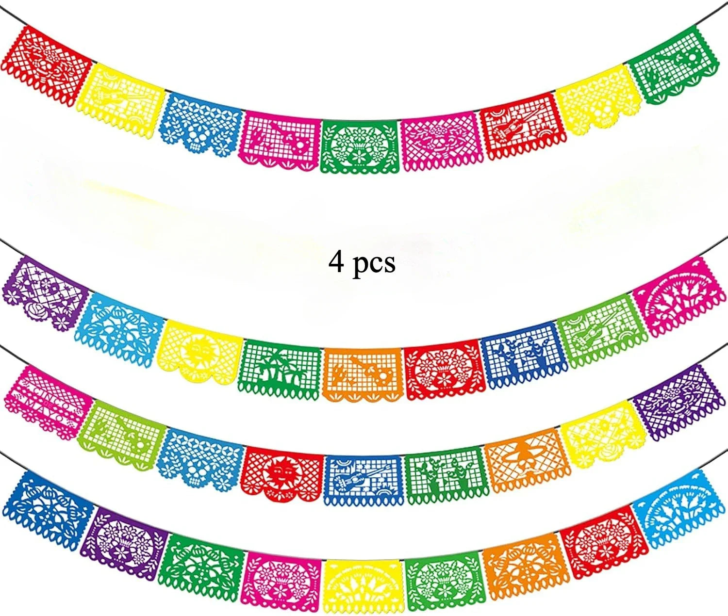 4 PCS Mexican Party Banners,  Plastic Papel Picado Mexico Decor, Easter Decor, ,  Day of The Dead Decoration, 18 Feet Total  ﻿ Lootquake LLC