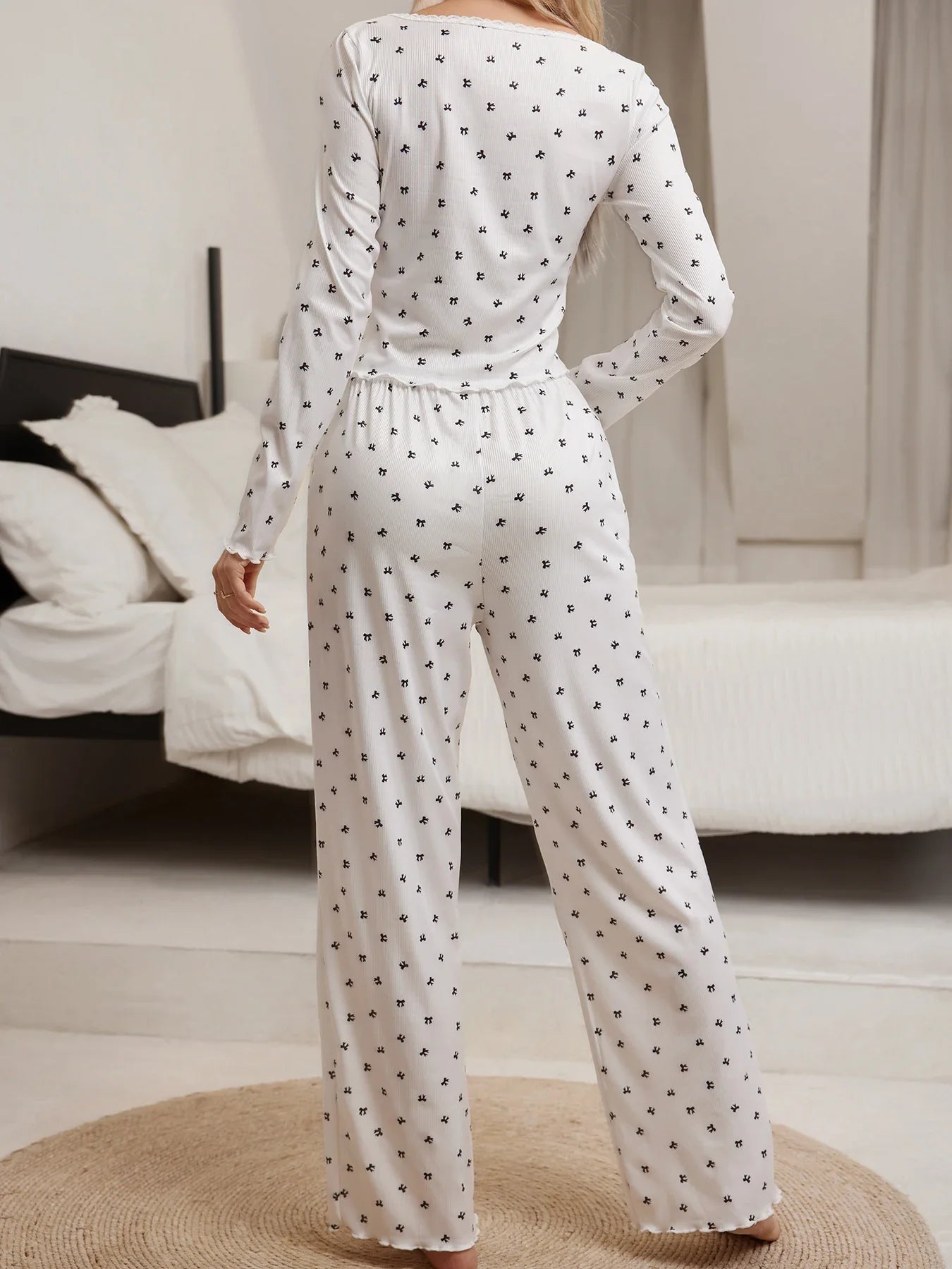 Sleepwear Suit Cute Bowknot Print  Lettuce Trim Top with Long Pant Lovely Loungewear Full Sleeve Nightwear Autumn Pajamas Set Lootquake LLC