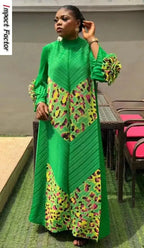 2024 Miyake Fashion Splicing Leopard Print Maxi Dress with Round Neck Hand Shake Flower Horn Sleeves Long Loose Fit Long Dress