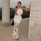 Fashion Hollow Out Halter Maxi Dress For Women 2024 Sexy Sleeveless Backless Long Dress Holiday Hook Flower Knitted Beach Robe