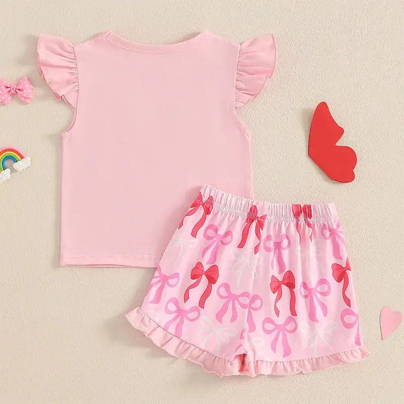Cute Matching Baby Toddler Brother Outfit Bow Fly Sleeve Tops Elastic Waist Ruffle Shorts 2 Piece Summer Set for Siblings