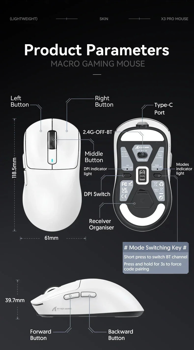 Attack Shark X3Pro Wireless  Gaming Mouse PixArt PAW3395 26000dpi Bluetooth Optical Mouse Tri-Mode Connection Macro Gaming Mouse Lootquake LLC