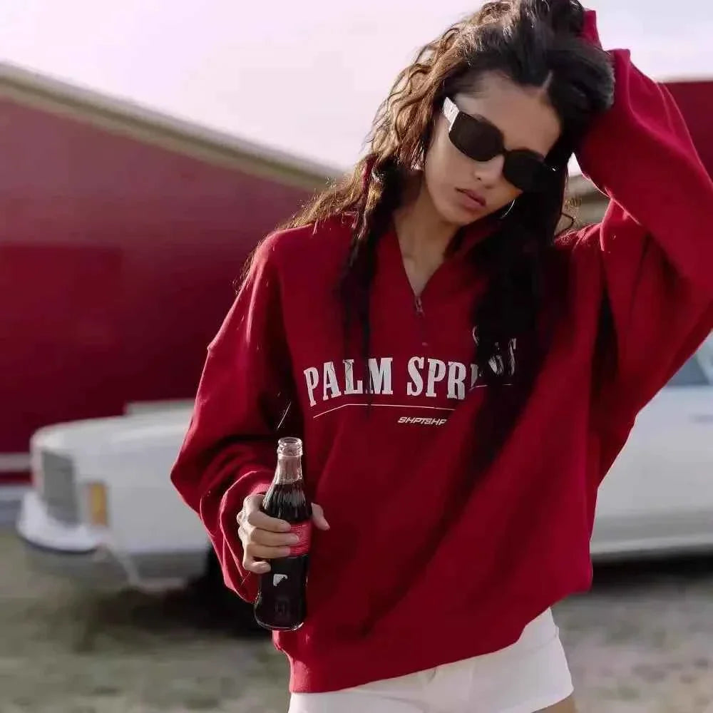 Zekye Y2K Red Letter Print Turtleneck Hoodie