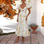 Summer V Neck Cutout Floral Print Dresses Elegant Women Puff Short Sleeve Casual Dress Pleated Waisted Swing Beach Long Dress