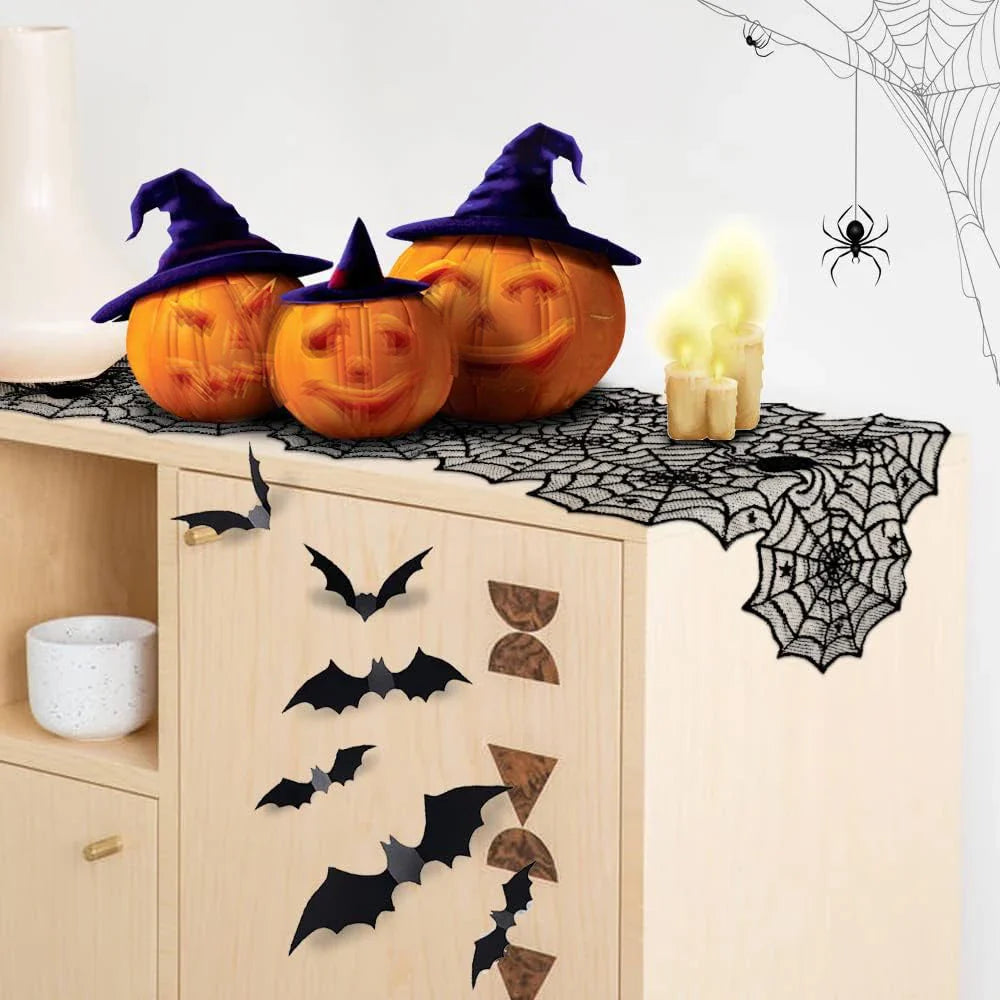 Halloween Decorations Set Spider Web Table Runner Fireplace Scarf Cover Tablecloth 3D Bats Wall Stickers Halloween Party Decor Lootquake LLC