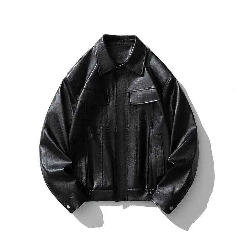 Men's Faux Leather Bomber Jacket Motorcycle Lapel Zip-Up Biker Coat Vintage Streetwear Black Brown Jacket Pi-Mart