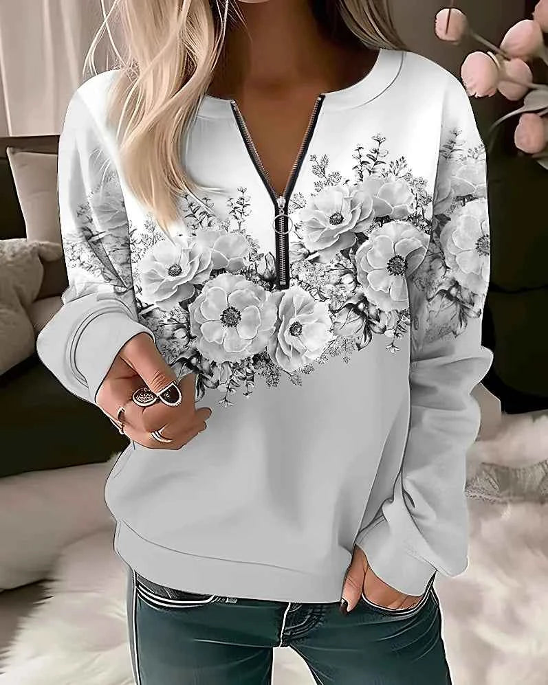 Floral Oversized Zip-Up Hoodie for Women THRIXINE