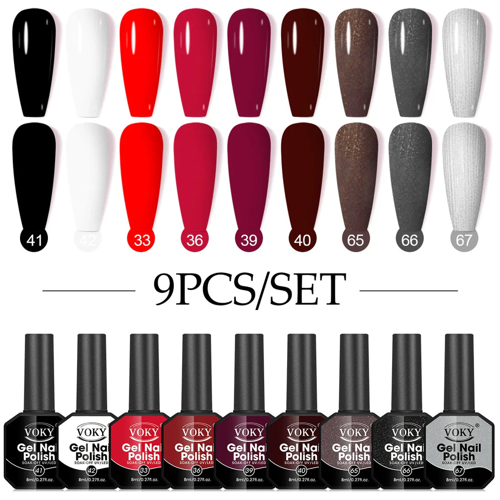 Gel Nail Polish Set, 9-piece, hypoallergenic, fragration-free, washable, advanced gel formulation for home nail and salon use