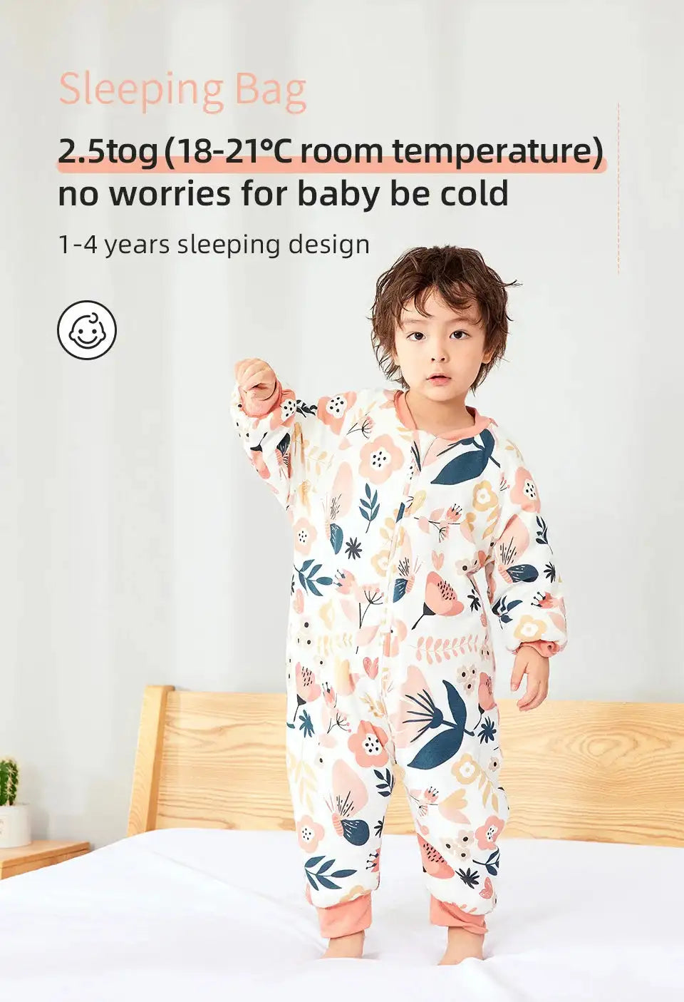 Baby Sleeping Bag Cute Flowers Print Toddler Sleepwear Walk Play Pajamas 2.5Tog Thick Winter Keep Warm Sleepsack 1-4 Years
