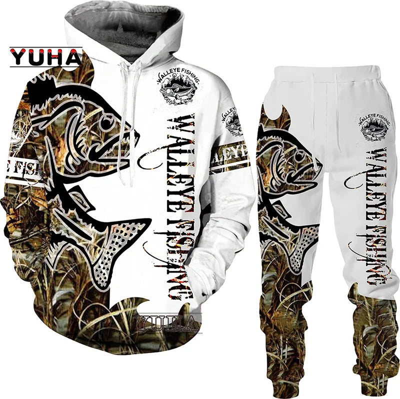 New 3D Fishing Art Print Casual Couple Hoodies Outfits Hip Hop Streetwear Hooded Sweatshirt+Sweat Pants Men's Tracksuit Set Lootquake LLC