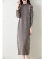 Autumn Winter Women's Wool Long Dress Cashmere Mock Neck Pullover Sweater 100% Merino Wool Soft Knitwear OL Simple Basic Dress Lootquake LLC