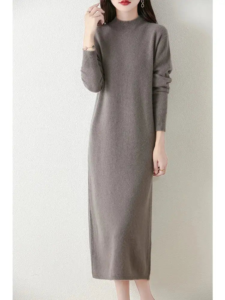 Autumn Winter Women's Wool Long Dress Cashmere Mock Neck Pullover Sweater 100% Merino Wool Soft Knitwear OL Simple Basic Dress Lootquake LLC
