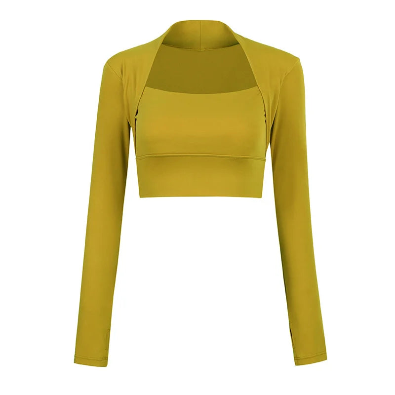 Padded Yoga Shirts Long Sleeve  Crop Tops Low Cut Gym Shirt