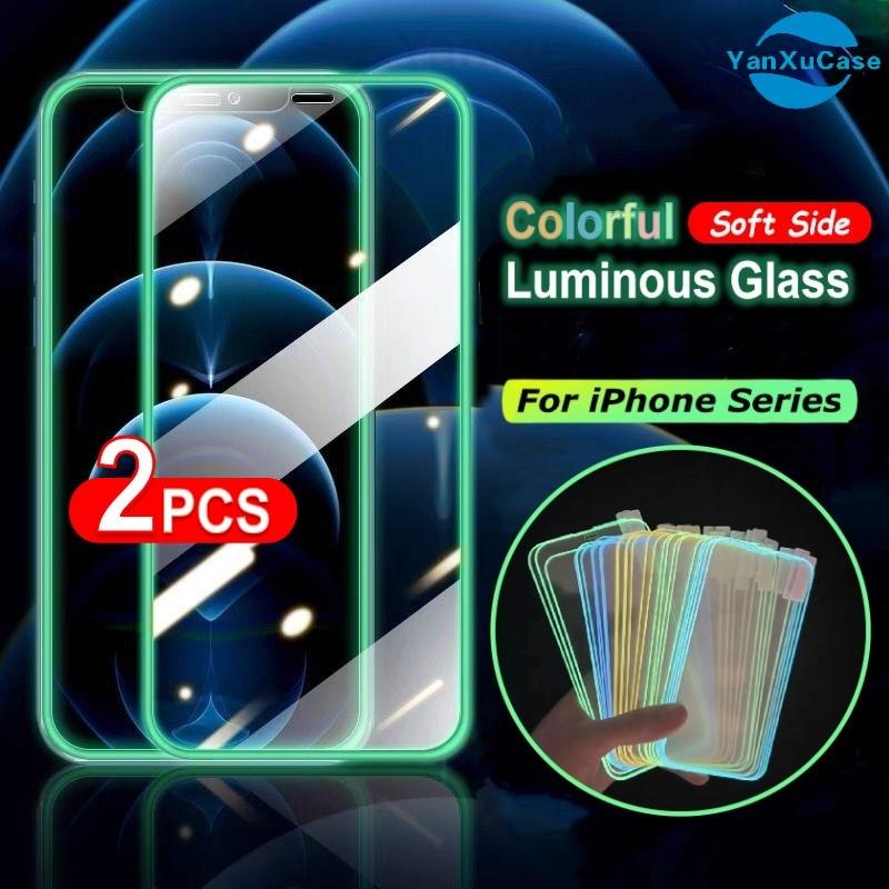 2Pcs Luminous Protective Glass For iPhone 14 13 12 11 Pro Max X XR XS Screen Protector For 7 8 6 Plus SE3 Glowing Tempered Glass  Luminous Glowing Tempered Glass Screen Protector for iPhone Stevvex