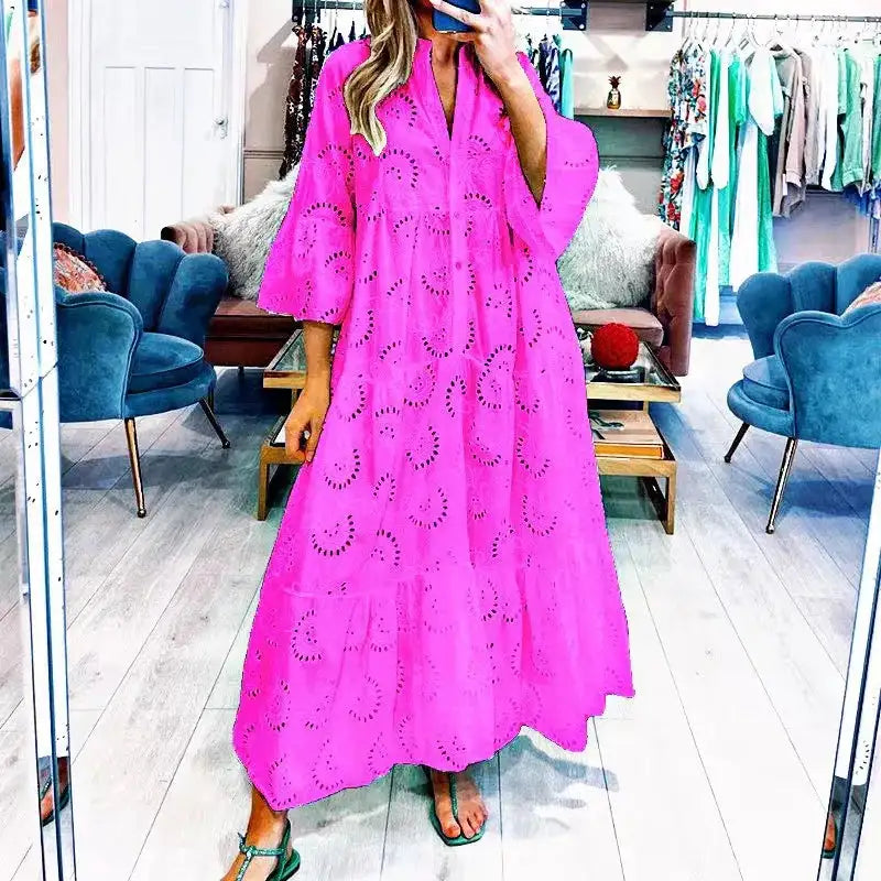Fitshinling Cotton Long Dress Women Costume Flare Sleeve Slim A-Line Robe Fashion Hollow Out Lace Maxi Dresses Dance Wear