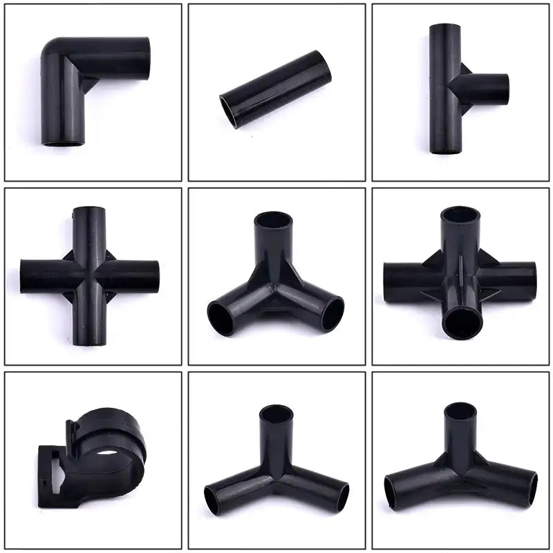 I.D 8/12/16/19mm Black Plastic Pipe Connector DIY Shelf Water Tube Joint Tent Fixed Connector Tee Four Way Elbow Straight Joint