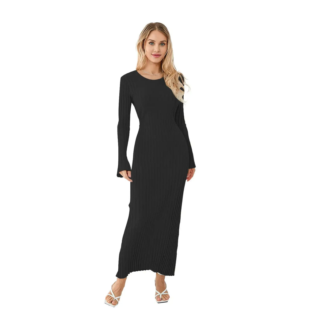 Women Spring Autumn Lace-up Knit Dress Elegant Long Sleeve Crew Neck Ribbed Solid Color Long Dress Streetwear