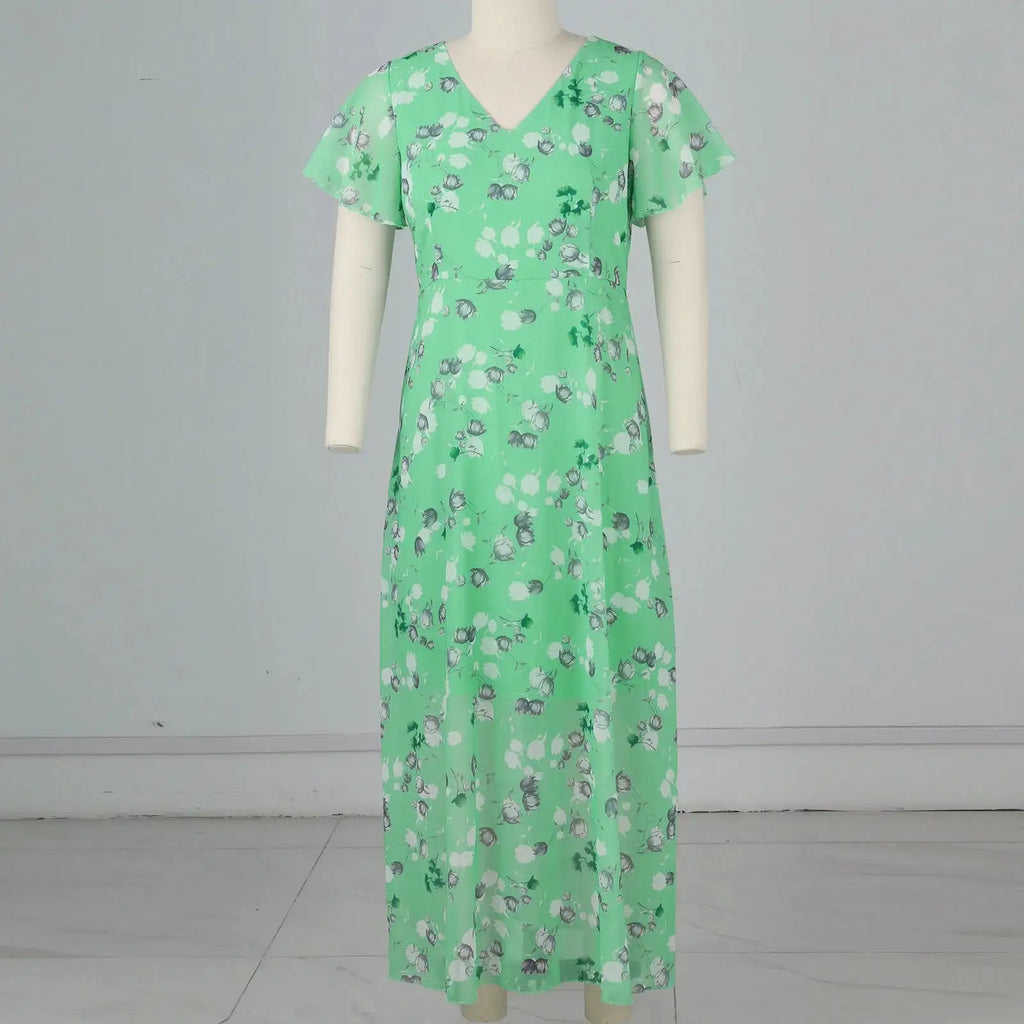 Vestidos Verano Moda 2024 Women's Swing Long Dress Chiffon Floral Short Sleeve Ruffle V Neck Fashion Waist Flowy Dress платье