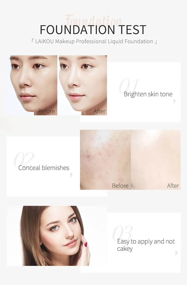 LAIKOU Liquid Foundation Moisturizing Long Lasting Face Comestics Natural Brighten Face Base Tone Make Up 30ml Lootquake LLC