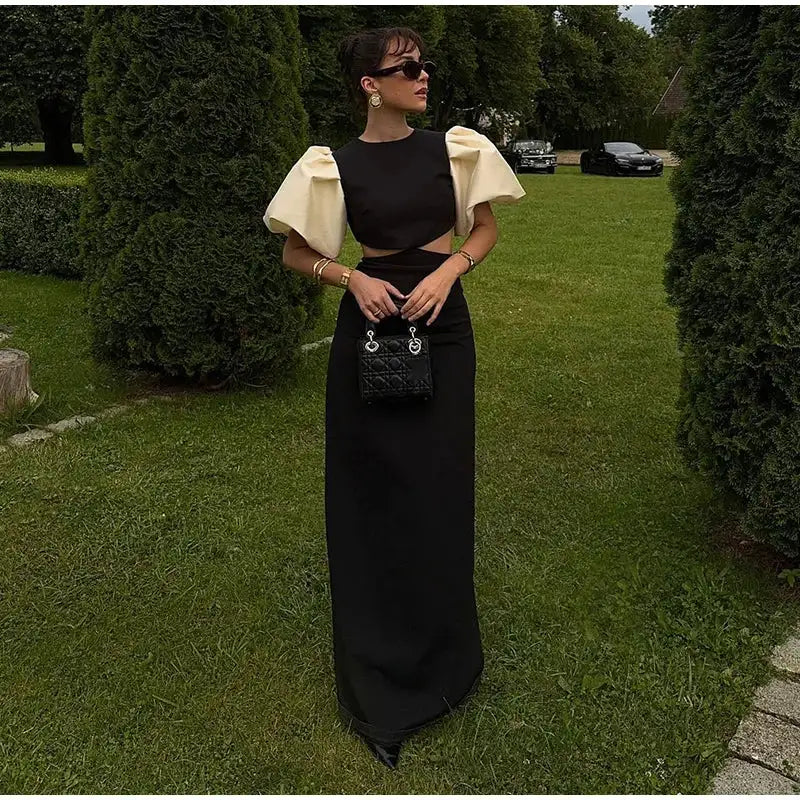 Elegant Puff Sleeve Long Dress For Women 2025 Sexy Hollow Out Waist Evening Party Dresses Female Vacation Lady Chic Beach Robe