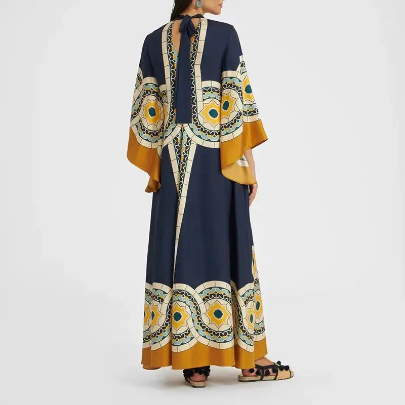 Ethnic Retro Spring Print Boho Long Dress Women Sexy Stand Collar Lace-up Party Dress Fall Long Sleeve Loose Ladies Maxi Dresses