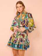 2025 printed round neck cinched waist strap pleated ruffle edge retro pleated dress cardigan temperament versatile dress