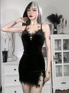 Goth Cross Mini Dress | Vintage Black Spaghetti Strap Dress -femstylo