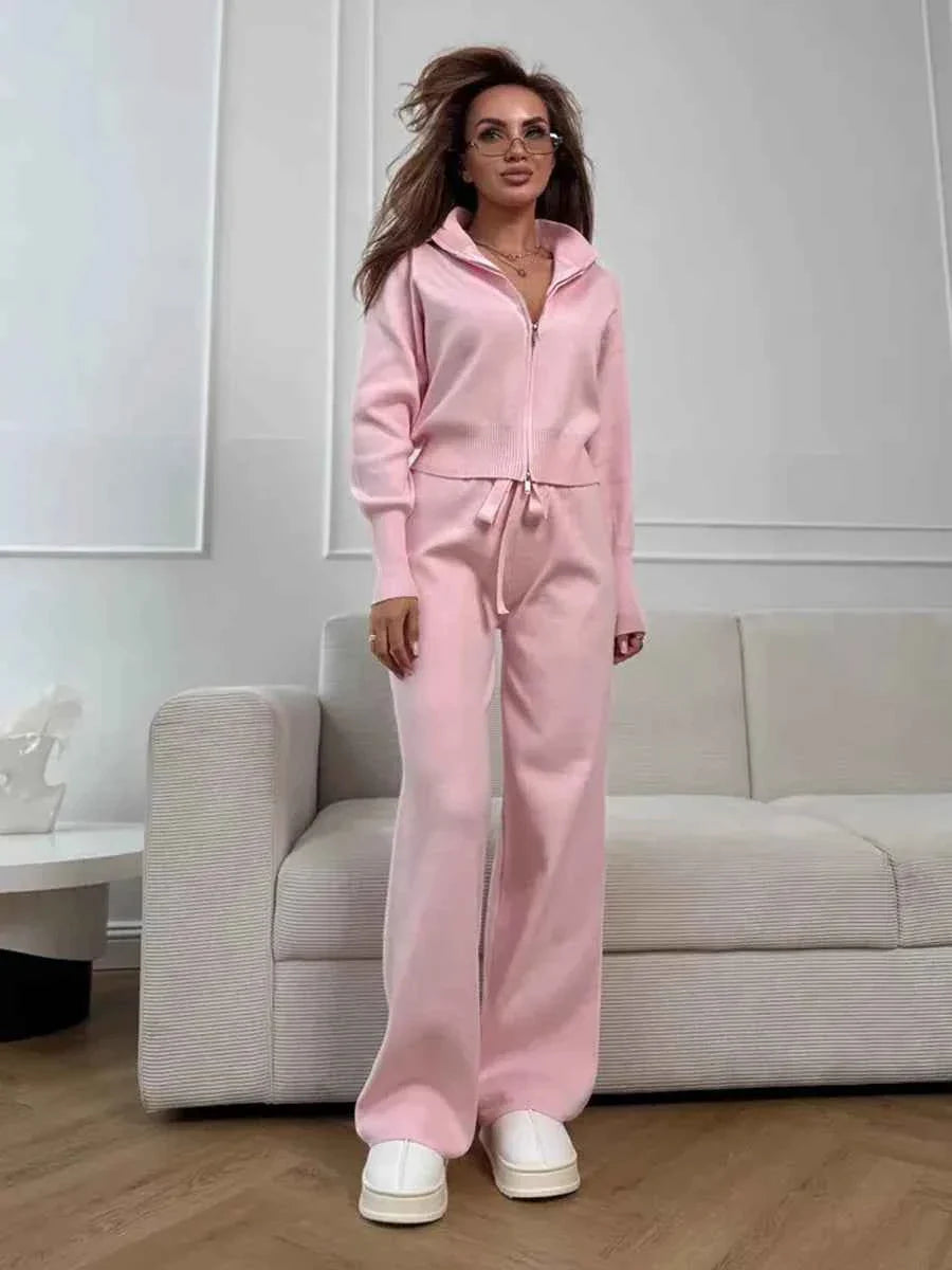 Knit Zip Cardigan & Wide Leg Pants Set THRIXINE