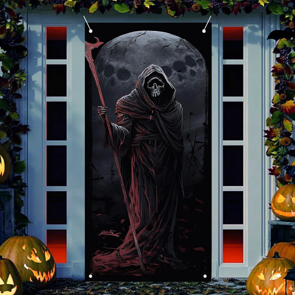 Halloween Door Cover Decorations - Horror Banner With Skeleton and Grim -Door Decor Scary Party Photo Background Banner Scary Po Lootquake LLC